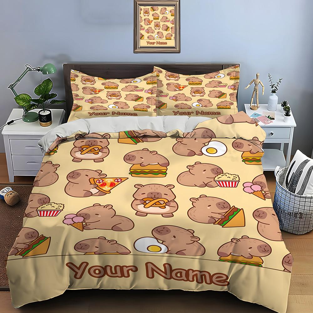 Comforter Personalization Custom Name Cartoon Capybara Print 3 Pieces Setting Bed King Size Bedroom Bed Set Gifts