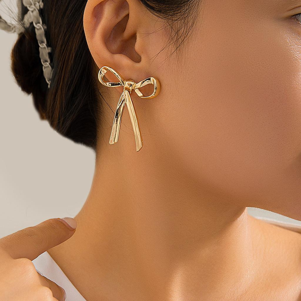 Gold Bow Earrings for Women Classic Ribbon Bow Stud Earrings Cute Statement Jewelry