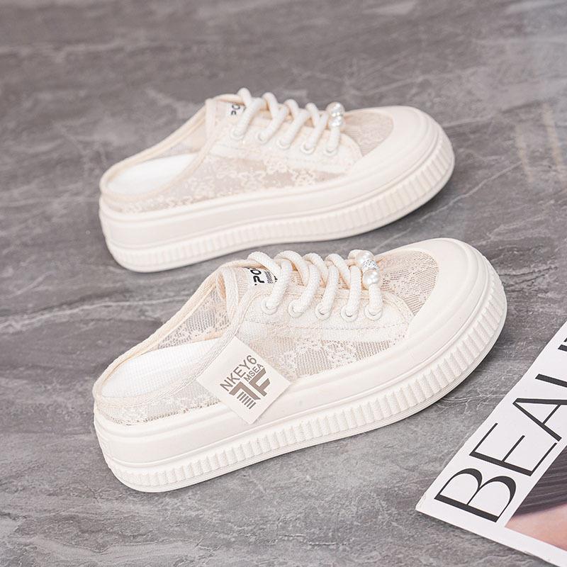 

Модные сетчатые повседневные туфли для женщин весной и летом 2025 года, новые дышащие кеды на плоской подошве с защитой пальцев и без каблука, женские полушлепанцы 40 бежевый