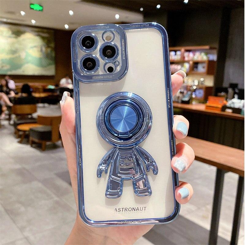 Luxury Plating Soft Silicone Astronaut Bracket Phone Case For iPhone 13 12 11 Pro Max X XR XS Max 14 Plus Ring Holder Back Cover