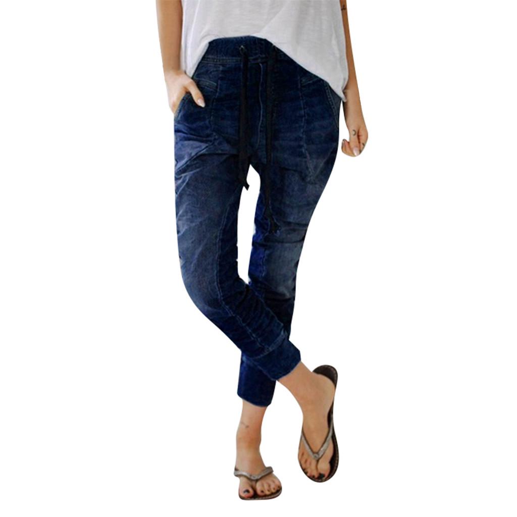 Frauen Sommer Elastische Plus Lose Denim Casual Kordelzug Plus Cropped Jeans