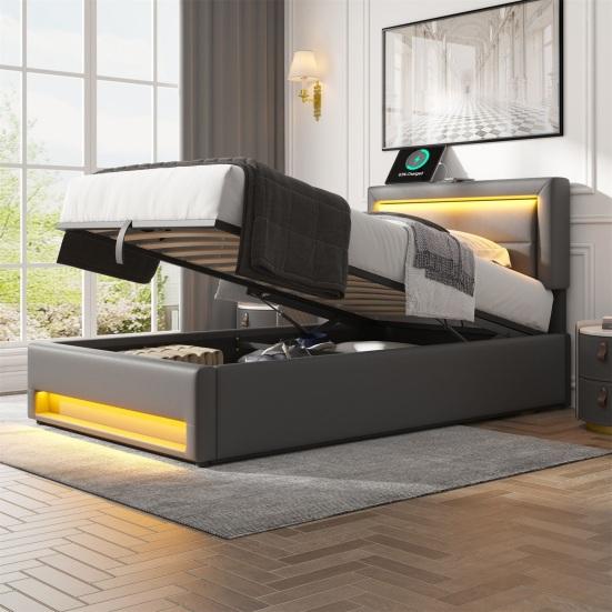 Upholstered Bed Large Storage Space LED Lighting Sturdy Construction Good Load Capacity with USB Ports Modern Upholstered Bed Bedroom