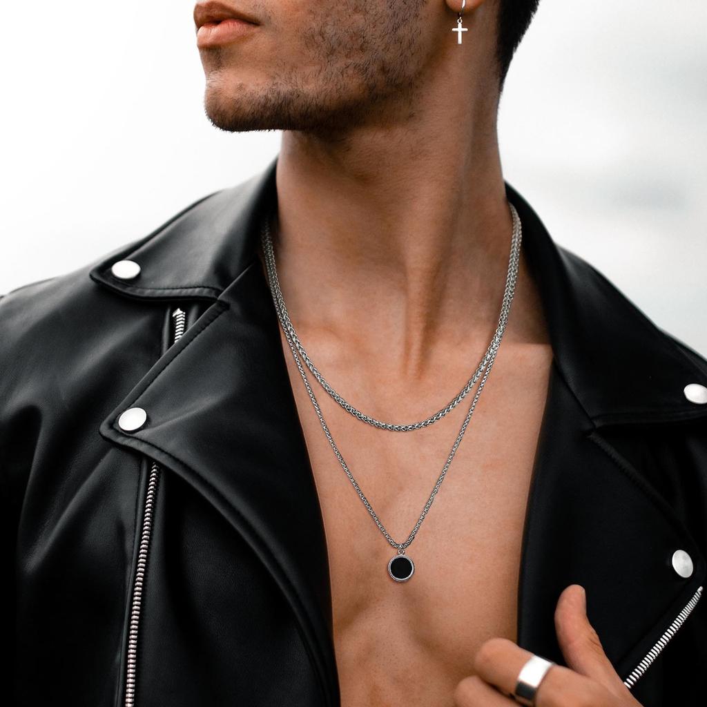 Vnox Stylish Mens Geometric Necklace with Black Enamel, Stainless Steel Metal Double Layered Chain Collar, Unique Gifts for Men