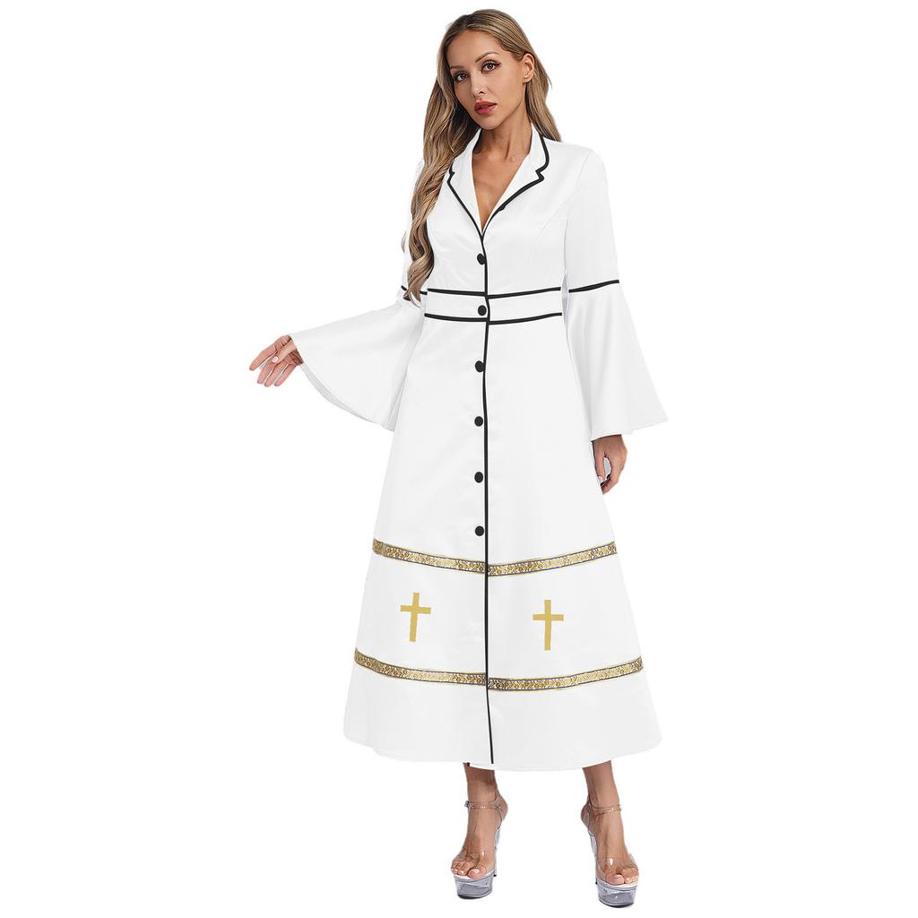 Rochie Clericală de Damă cu Mâneci Lungi și Nasturi, Costum Casacă, Biserică, Pastor, Cosplay, Veșminte Liturgice, Ținută de Pitic