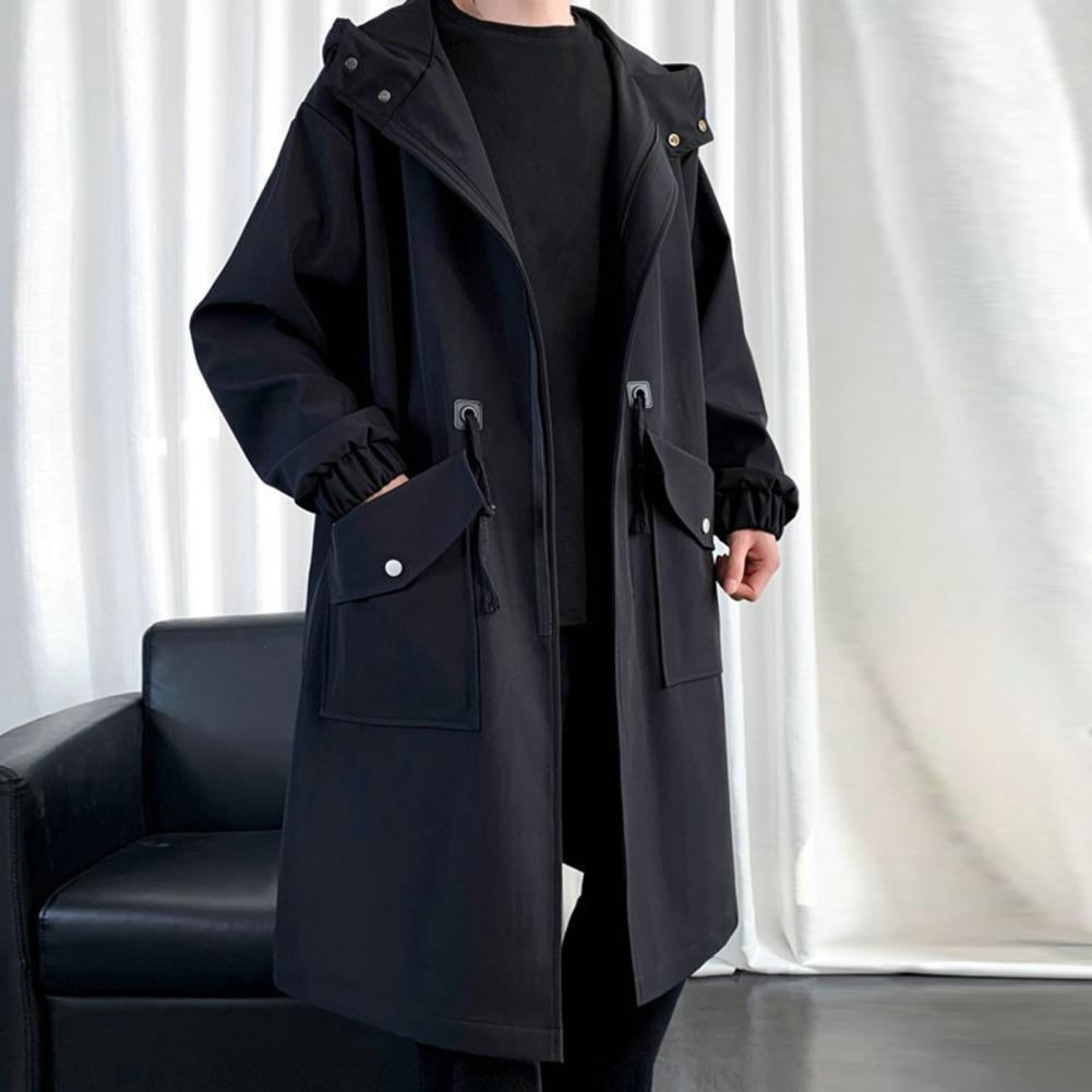 Cappotto Trench da Uomo Primaverile Autunnale con Cappuccio Largo Plus Giacca a Vento da Uomo Streetwear Cappotto con Cappuccio Tasche Grandi Antivento Lunghezza Media Tinta Unita per Uomo