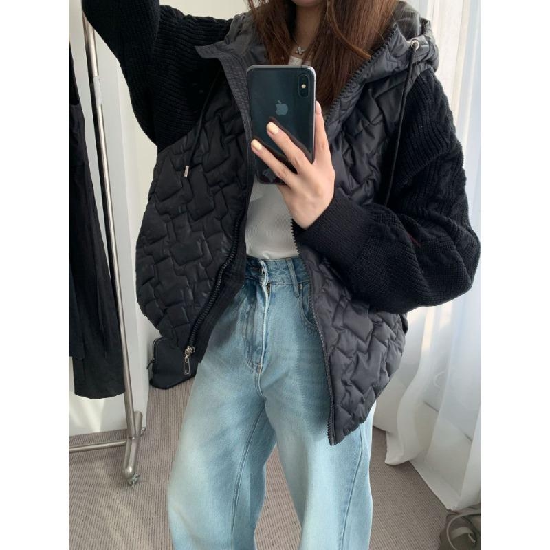 

Весенняя новая хлопковая одежда в стиле пэчворк, вязаный кардиган с капюшоном, свободный, высококлассный, на молнии, свитер-куртка, женский One size чёрный