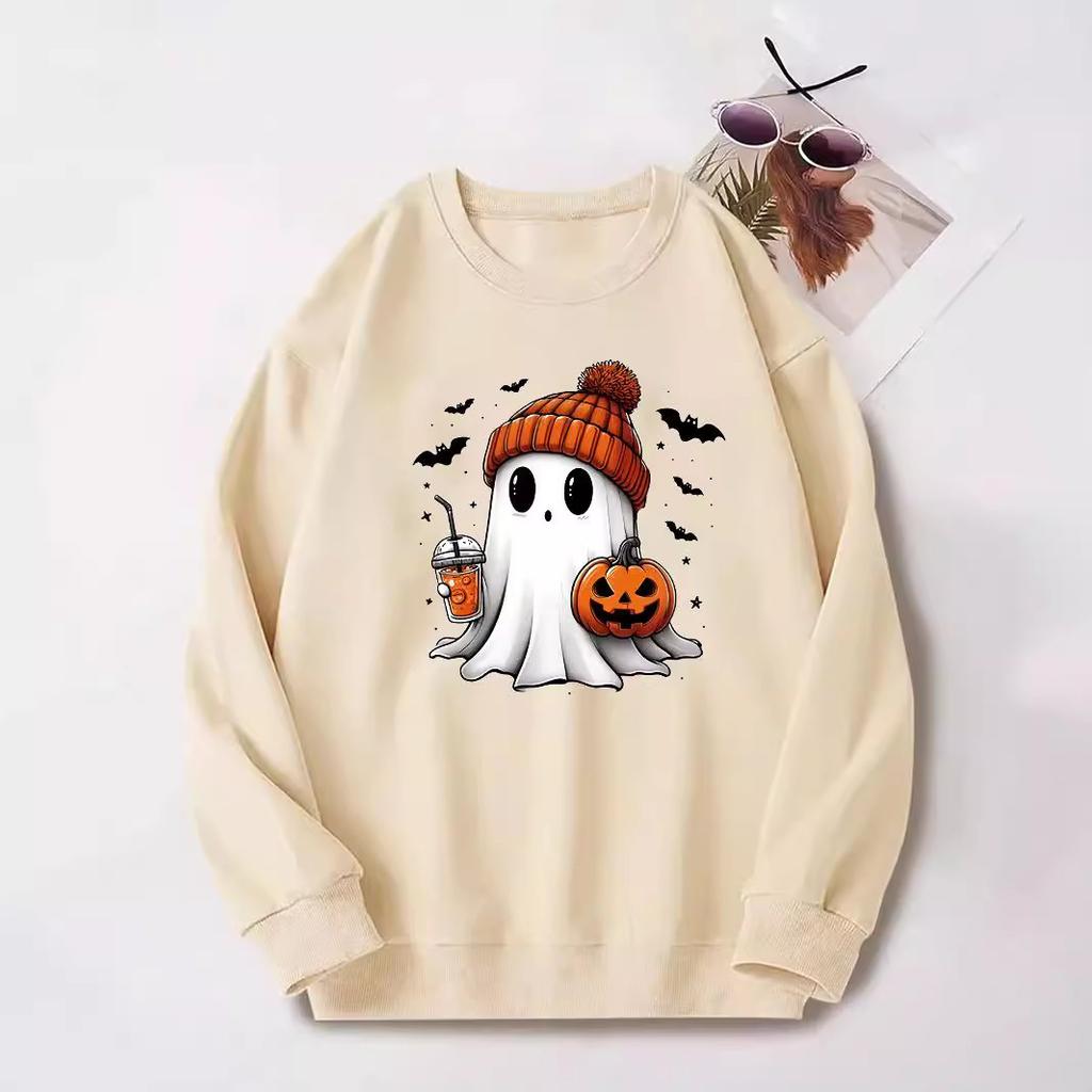 New 2025 European and American Halloween cute ghost print versatile crew neck casual long-sleeved sweater