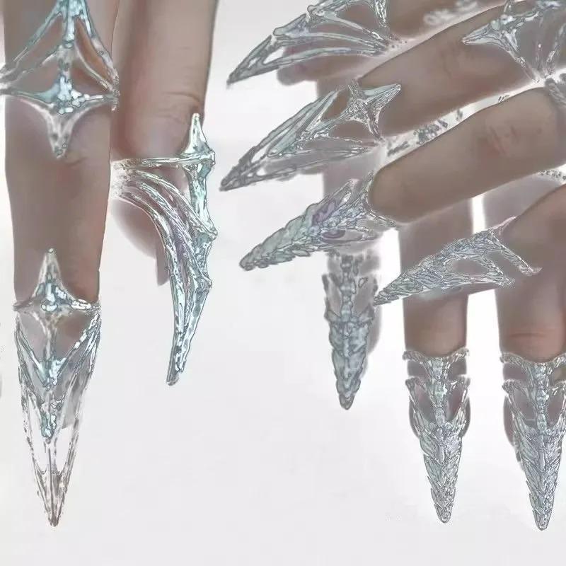 Fashion Punk Nail Cover Bone Ring Metal Rhinestone Hollow Fingertip Protective Cover Multilayer Finger Rings Cosplay Jewelry Set