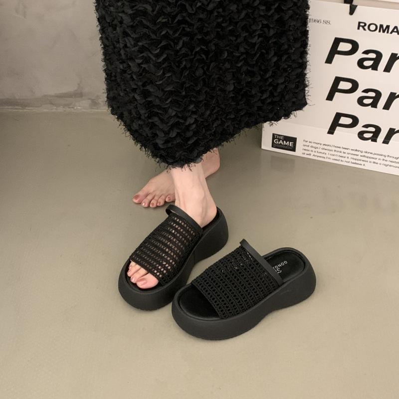 Small height-increasing sandals women's 2025 summer new one-word with open-toe woven hollow muffin platform shoes