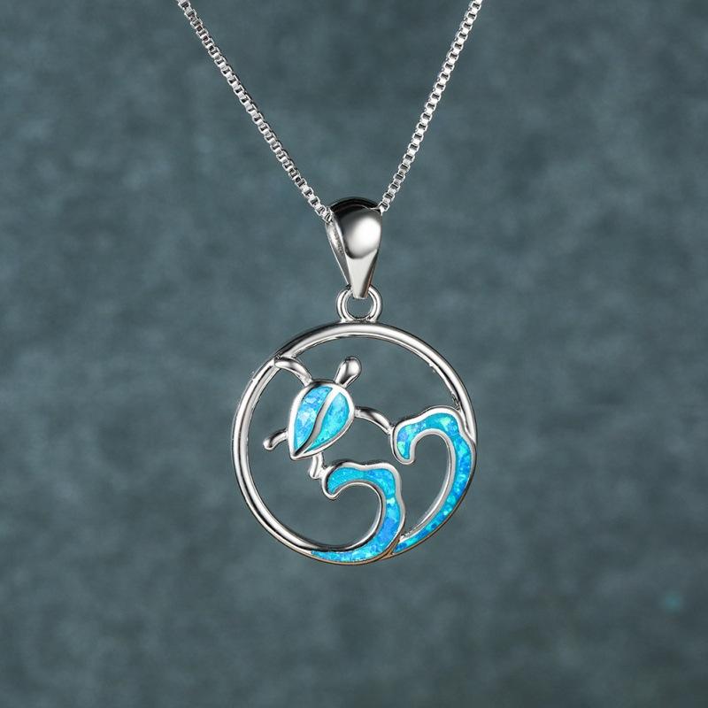 Japanese and Korean style platinum blue mother s day circle sea turtle wave necklace hollow design ins wind