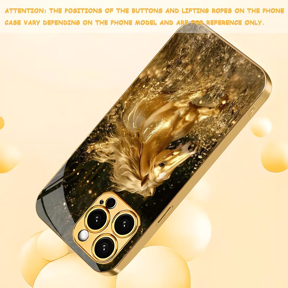 Horse Pattern Electroplated Gold Glass Phone Case Suitable for iPhone 17 16 15 14 13 12 11 Pro/Max/Plus Shockproof Back Cover