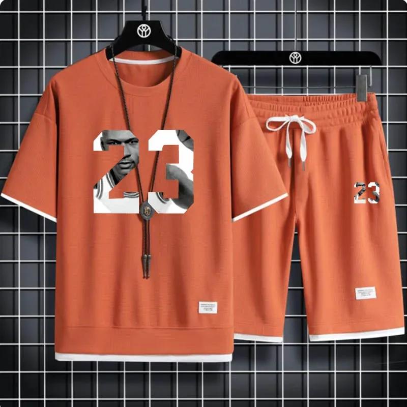 Set de pantaloni scurți pentru bărbați cu imprimeu waffle, 2 articole sport largi, stil Harajuku, modă de vară