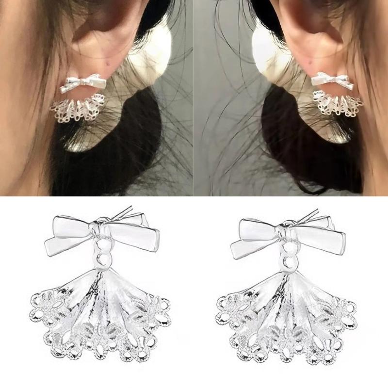 Delicate Butterfly Knot Earrings Lace Trimmed Skirt Bowknot Ear Studs Women Fashion Jewelry for Parties and Weddings