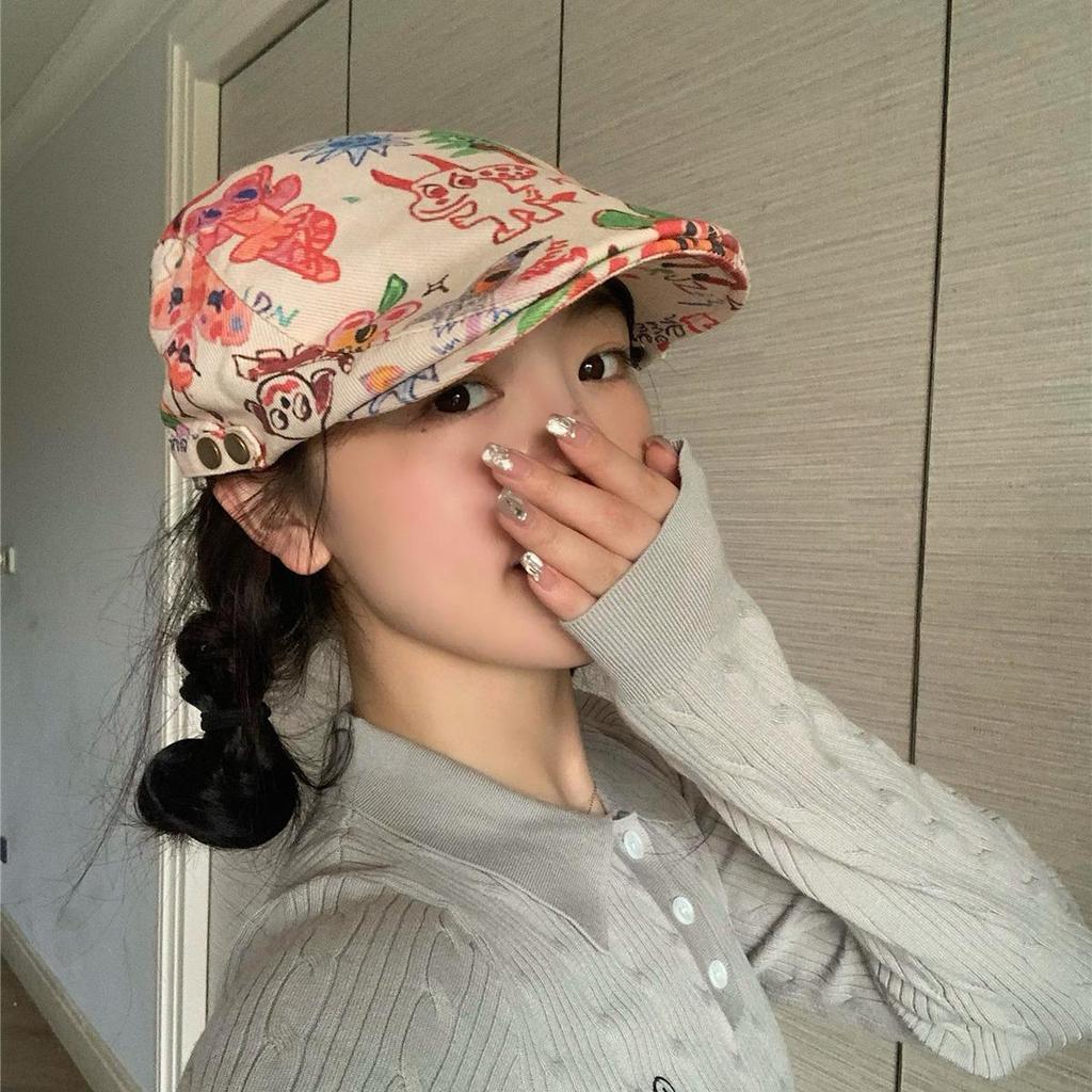 Japanese Graffiti Retro Beret: Cute, Thin, and Versatile Painter Cap for Women - Trendy Spring/Summer Style.
