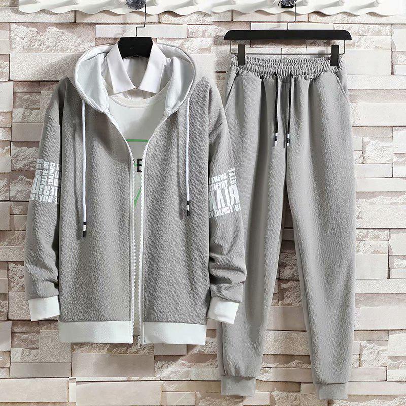 Traje de suéter de otoño de estilo coreano de moda para hombre: Conjunto de cárdigan holgado, chaqueta con capucha y pantalón informal