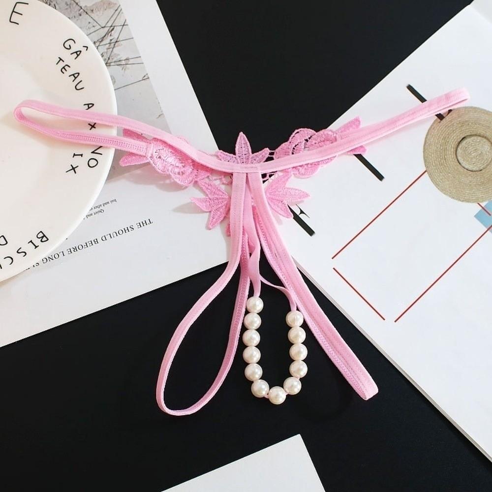 Hollow Open Crotch Lace Pearl Panties Low Waist Thin Belt Thong Valentine's Day Gift