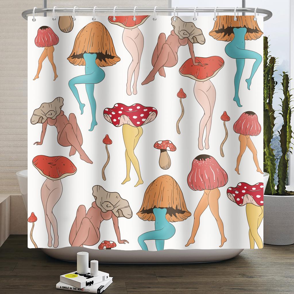 Vintage Rainbow Mushroom Shower Curtain Funny 70S 80S Retro Trippy Abstract Boho Floral Hippy Waterproof Bathroom Curtain Decor