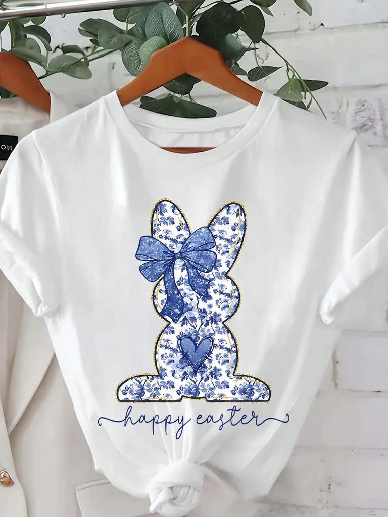 Happy Easter Graphic Tee, Round Neck Short Sleeve Printed Casual Top For Women