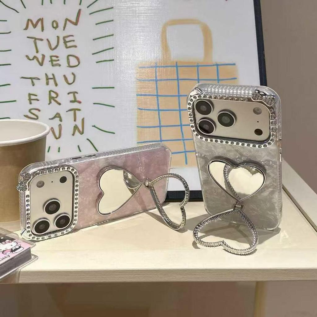 Heart-shaped Stand-Compatible iPhone Case with Inlaid Diamond Mirror and 3D Protective Design for iPhone 14-17