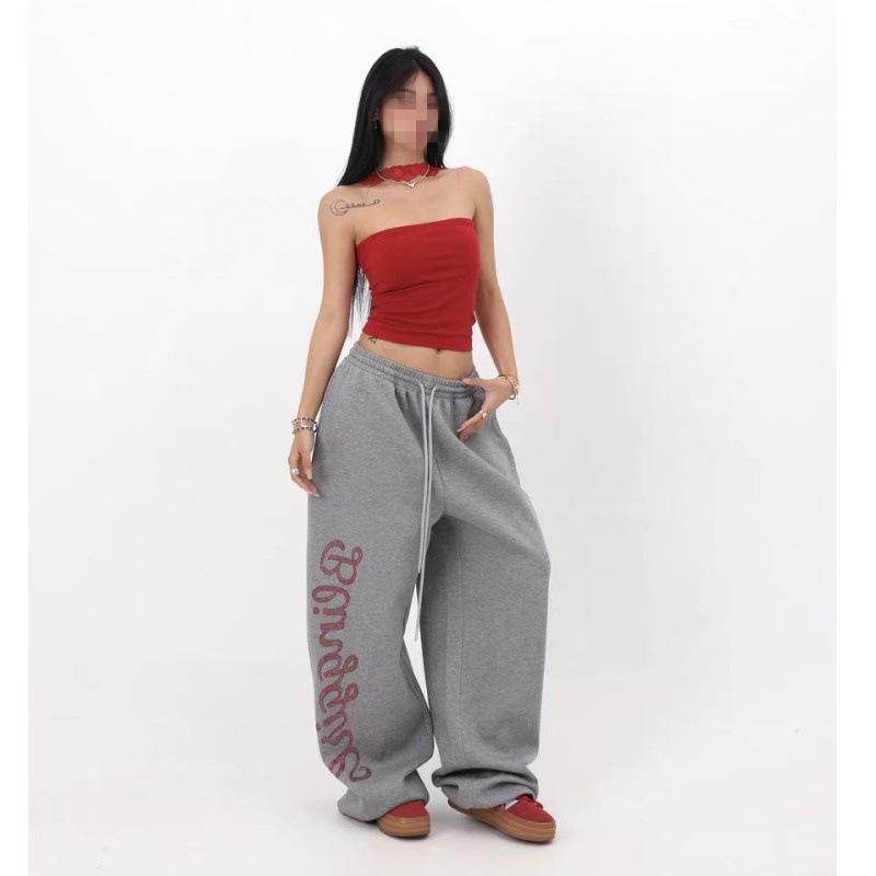 Damen High Waist Kordelzug Weiter Bein Jogginghose Mittlere Dehnung Buchstabendruck Lässig Jogginghose Für Jazz Hip Hop Tanz Sommer Tägliche Kleidung 2XL graue