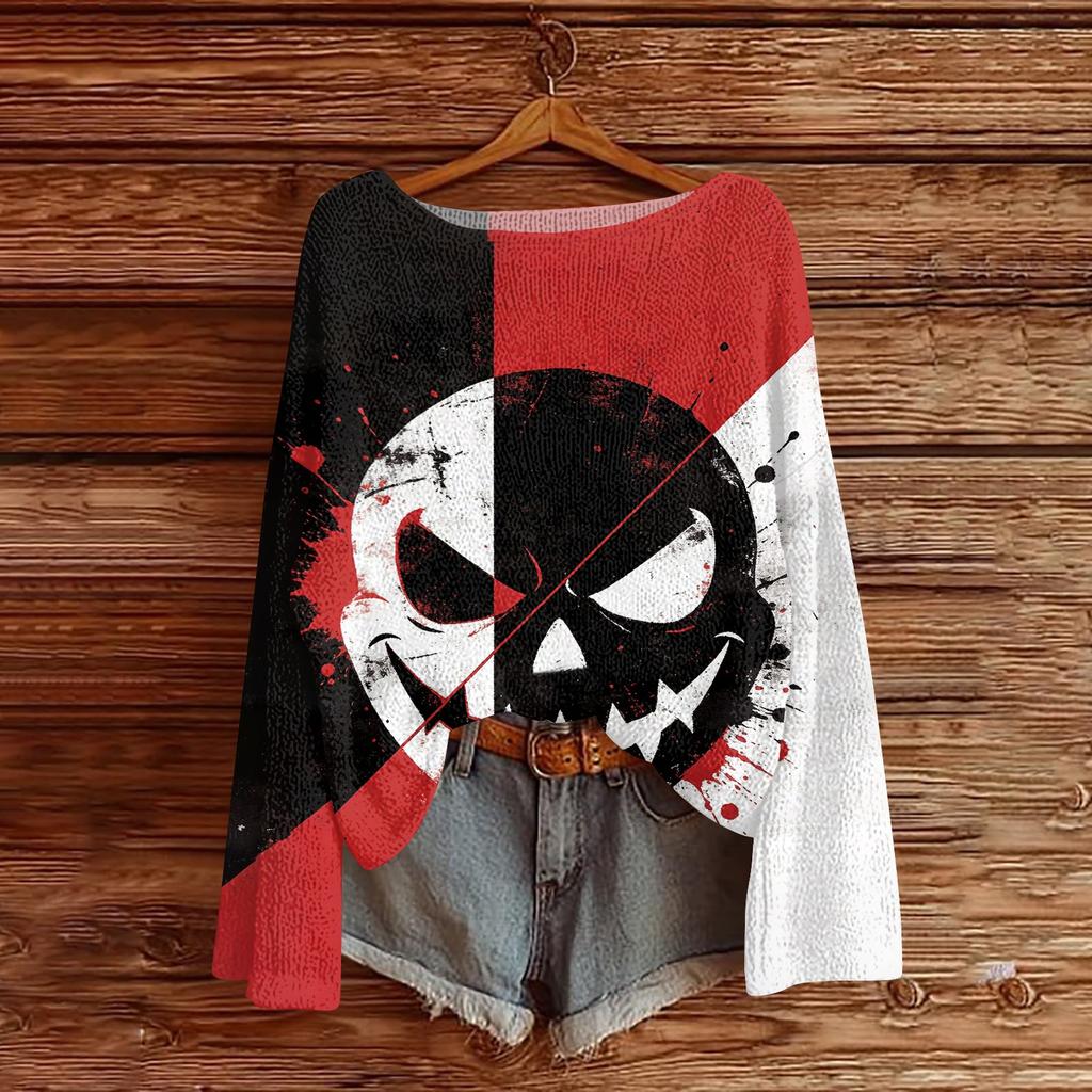 Women's Long Sleeve Halloween Print Crewneck Knit Pullover Sweater for Casual Daily Wear
