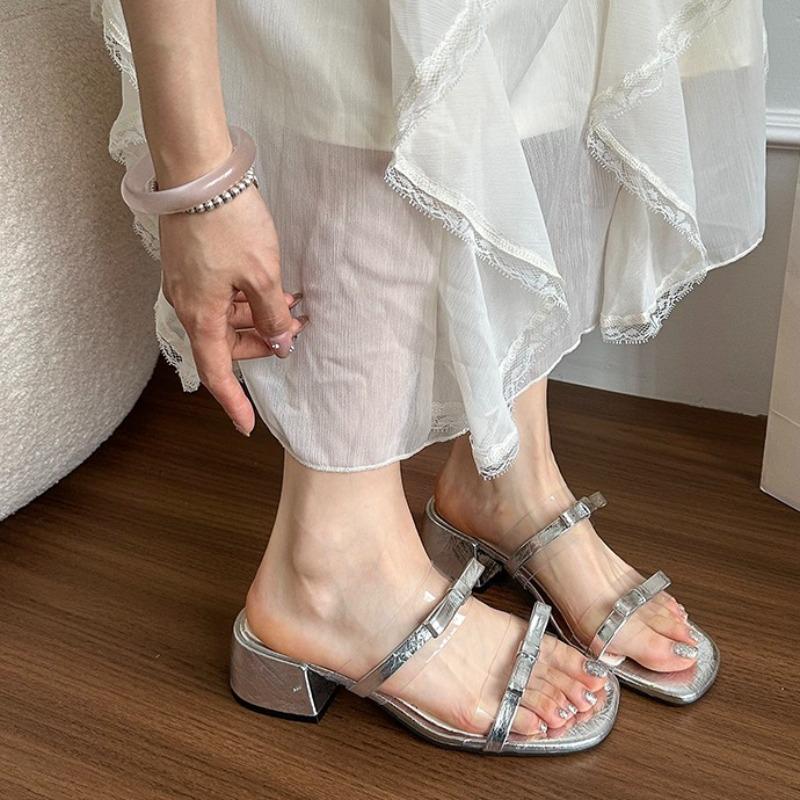 Fashion Fairy Style Bow Slippers Women's Block Heel New Summer Round Head with Skirt French Beautiful Mid-heel Flip-flops