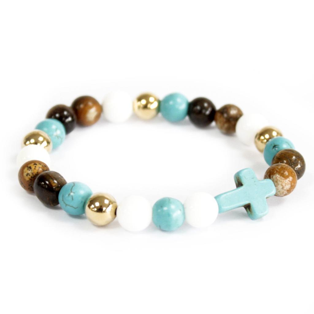 Turquoise Stretch Beaded Bracelet With Cross