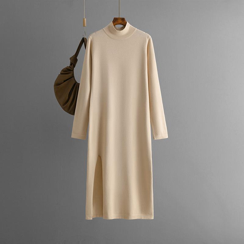 Semi-turtleneck new knitted dress for women's autumn and winter solid color slit long-sleeved leggings trousers with sweater skirt