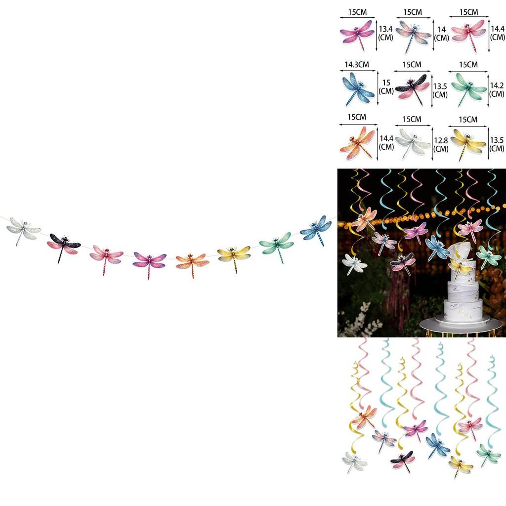 Decorações de Festa de Aniversário com Tema de Insetos e Libélulas Com Bandeirinhas Coloridas Giratórias e Etiquetas Penduradas Para Evento Infantil