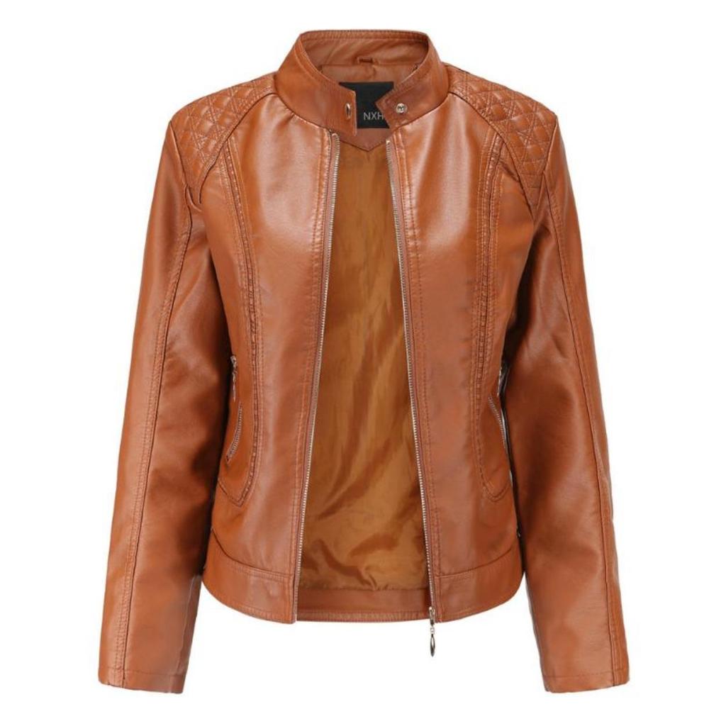 Giacca in pelle da donna alla moda, con colletto alto, in pelle PU, giacca in pelle da donna, cappotto in pelle da donna