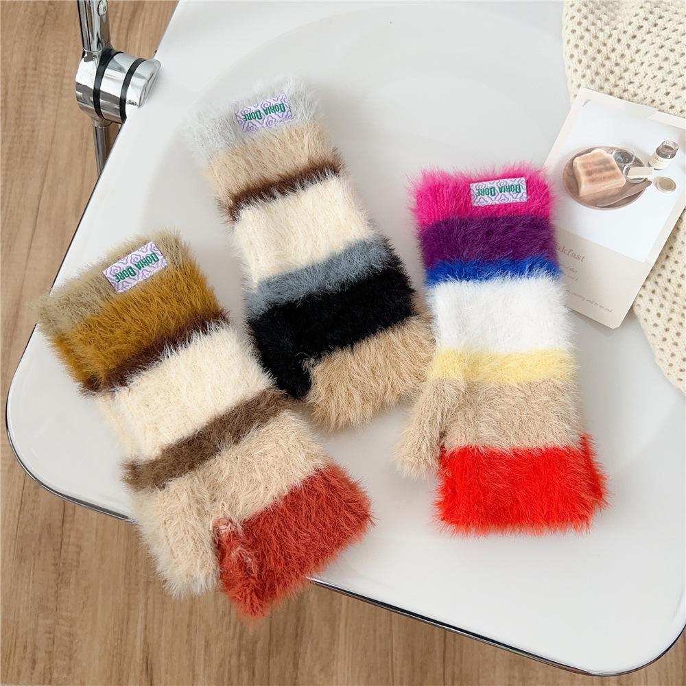 Women's Colorful Striped Wool & Velvet Fingerless Typing Gloves - Warm, Wrist Protective, Ideal for Students & Outdoor Activities