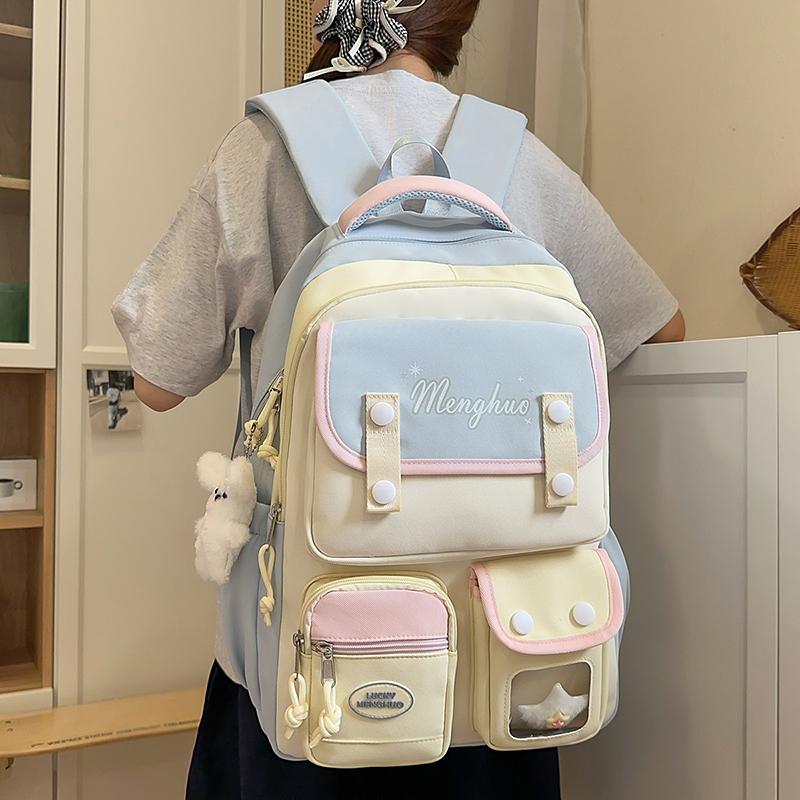 Sac d'école pour collégienne Sac à dos pour ordinateur à blocs de couleurs pour femmes Grande capacité Sac à dos pour livres