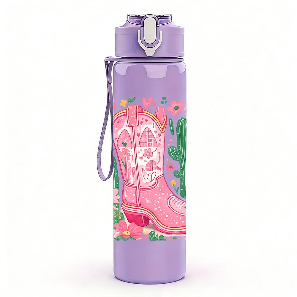 1PC Pink Cowboy Boot Cactus Western Print 750ml Color Plastic Sports Water Bottle Leakproof Flip Straw Lid Suitable for Sports Office Home Use