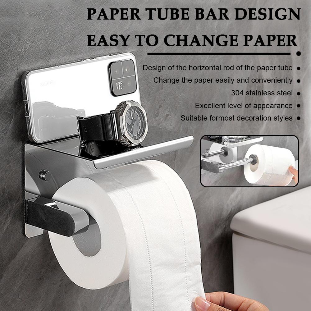 Stainless Steel Toilet Paper Holder with Phone Holder Paper Towel Stand Wall Mounted Floating Paper Shelf for Bathroom Washroom