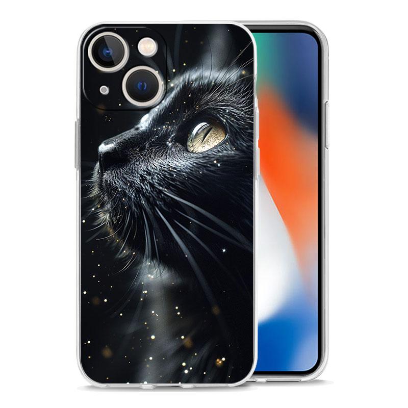 Phone Case For iPhone 16 15 14 13 12 11 Pro Max XS X XR 7 8 Plus Soft Shockproof TPU Clear Cover Black Cat