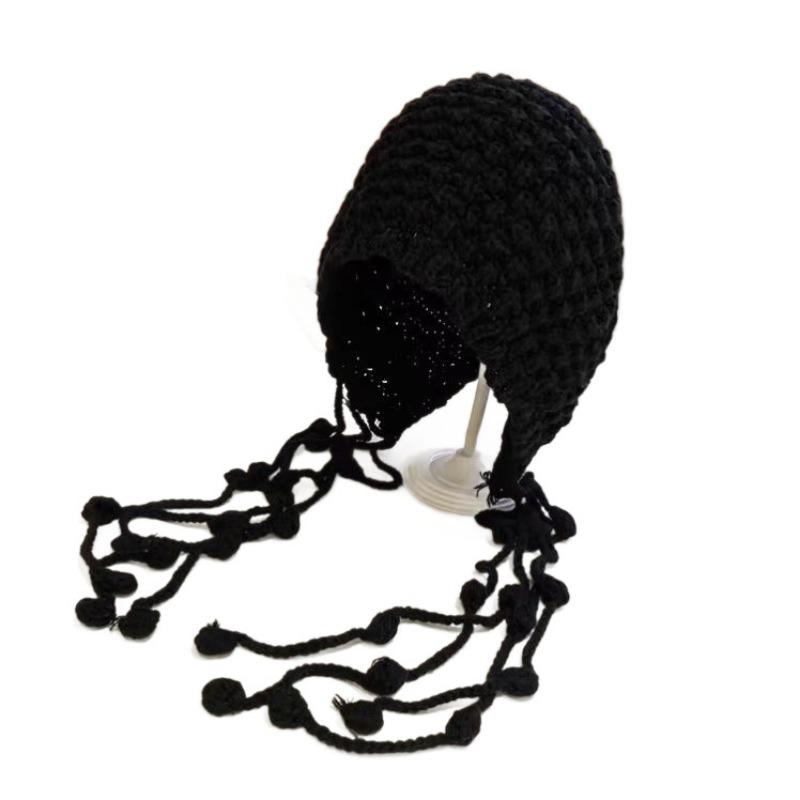 Autumn and winter new plush ear protection bag head hat women's warm versatile wool knitted hat mixed color drawstring