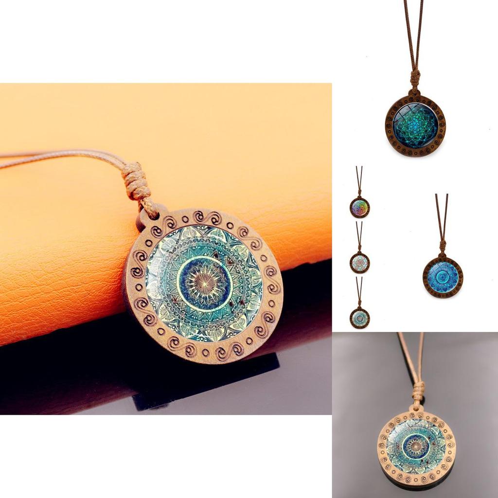 Elegant Glass Pendant Necklace With Geometric Design Vintage Brown Wax Rope Jewelry For Women And Men