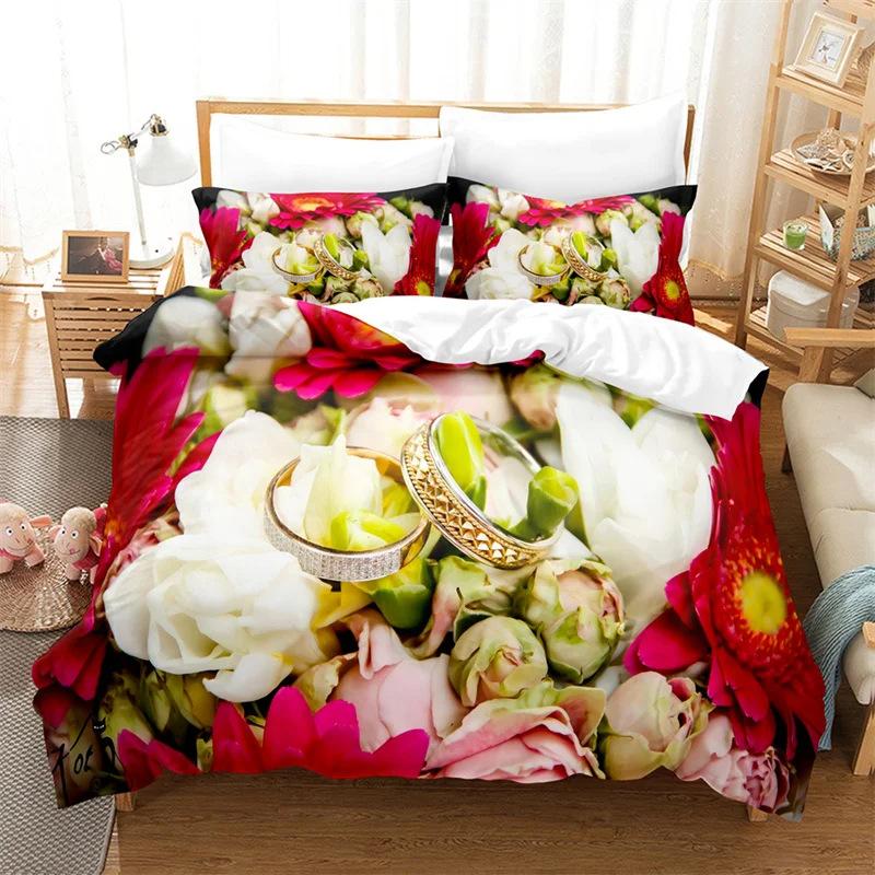 Deluxe Rose Queen Bedding Set Beautiful Flower Duvet Set Romantic Flower Three-Piece Set