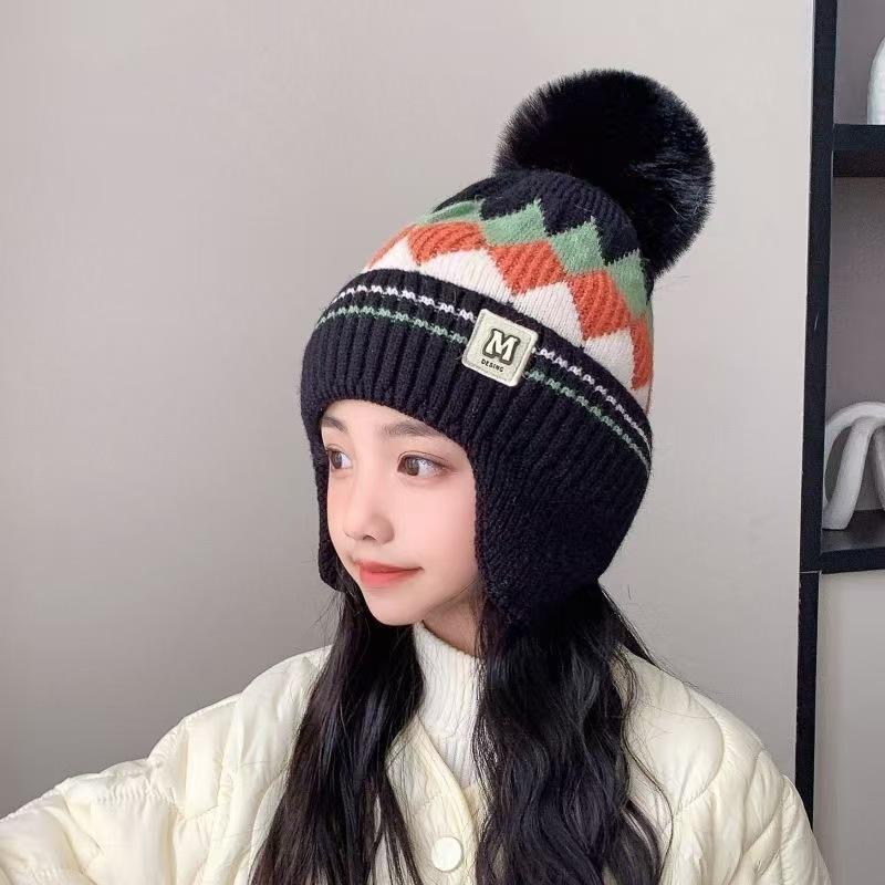 Winter Children's Warm Hats Autumn and Winter Boys and Girls Rhombus Windproof Ear Hats Baby Knitted Thickened Wool Hats
