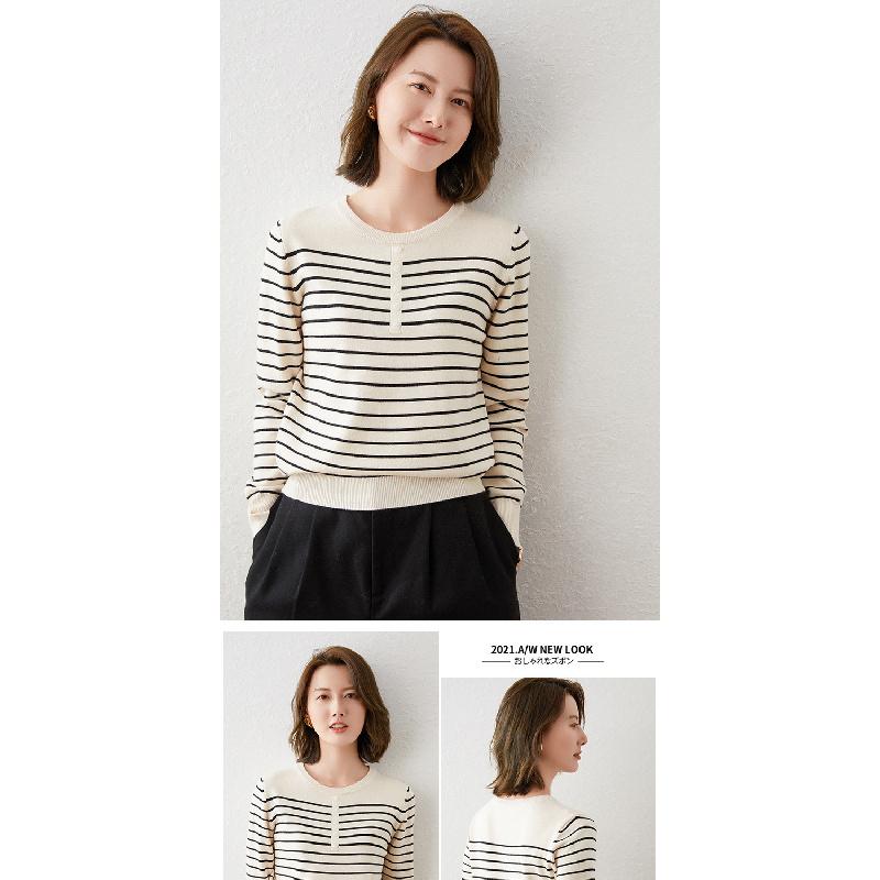 Striped long-sleeve knit top for women, 2026 spring and autumn new style, short Korean version, loose casual inner sweater