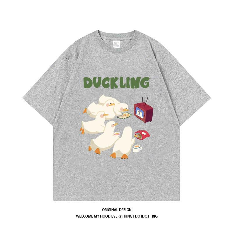 Pure Cotton Fun Tv Watching Duck Printed Couples Identical Style Streetappropriate Loose Retro Shortsleeved Tshirt