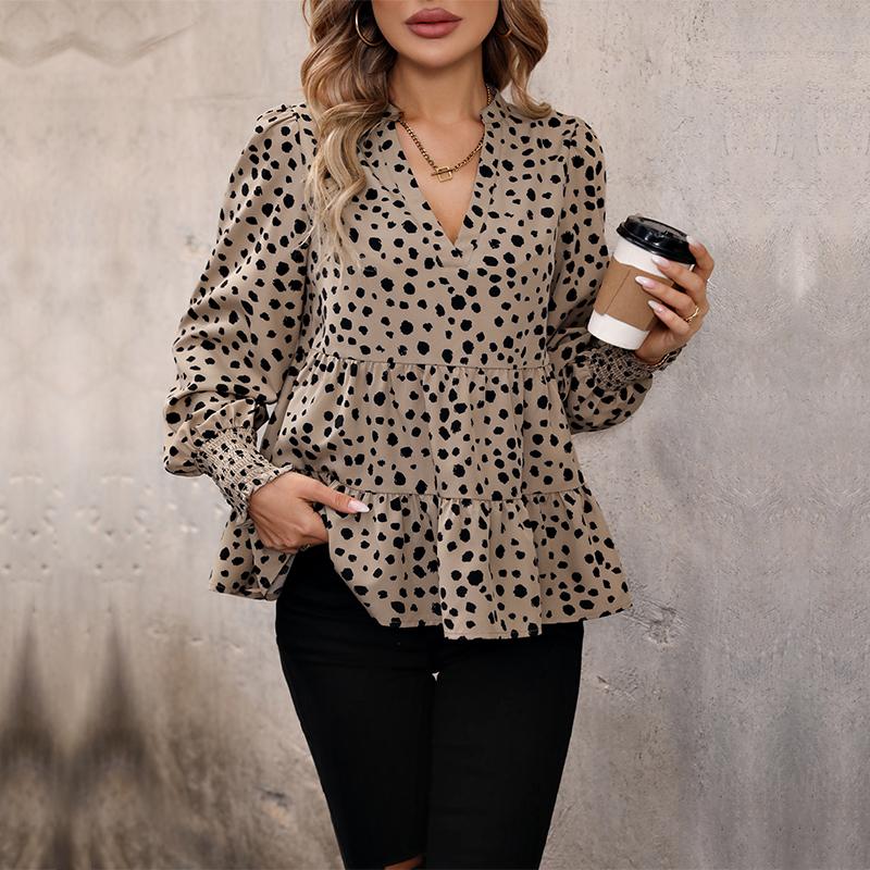 Women's Fashion Casual Leopard Print Long Sleeve V-Neck Blouses & Shirts