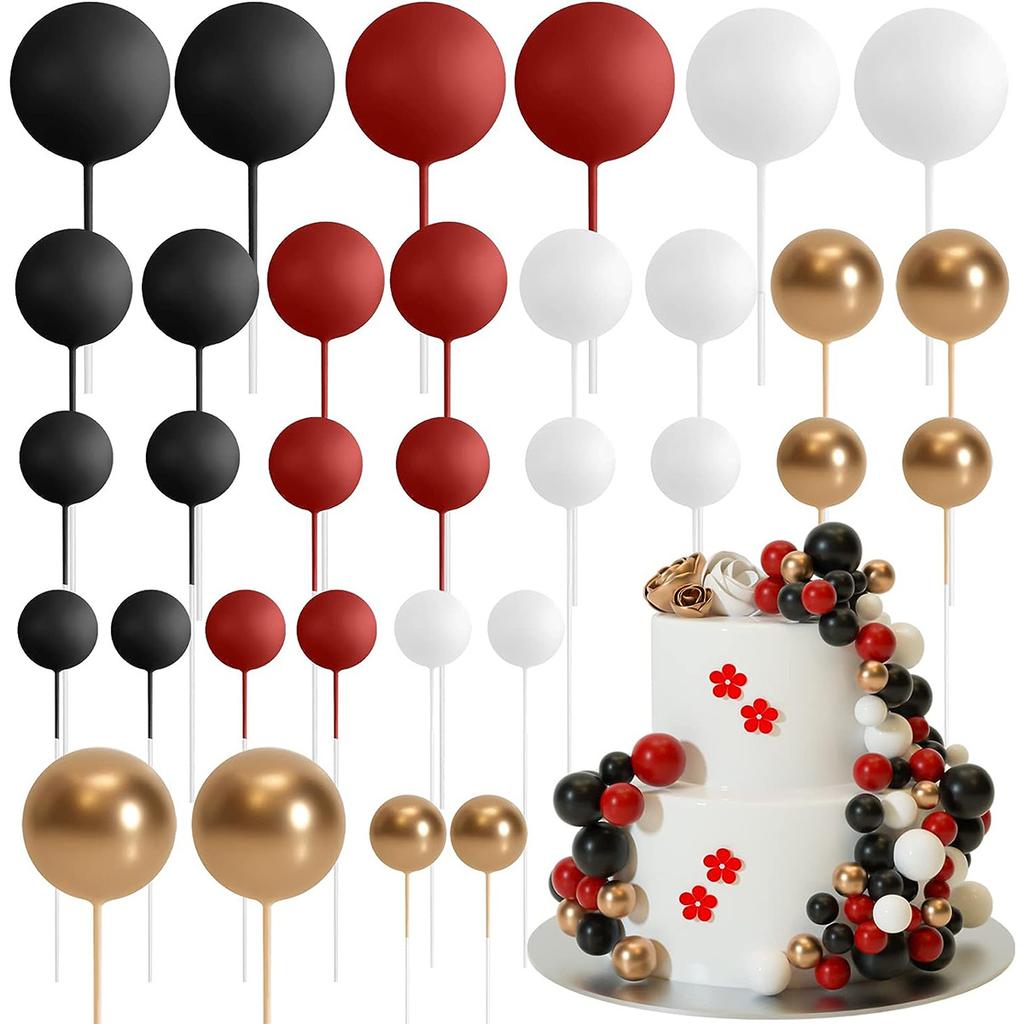 32Pcs Black Gold Silver Ball Cake Topper Decorations Mini Balloons Sticks Foam Balls Picks Cake Decorationsfor Wedding Birthday