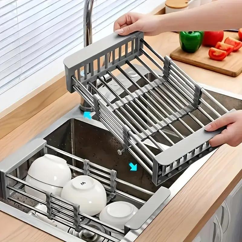 Adjustable 304 Stainless Steel Sink Drain Basket Drain Drying Rack Multifunctional Storage Rack for Kitchen Dish Vegetable Fruit