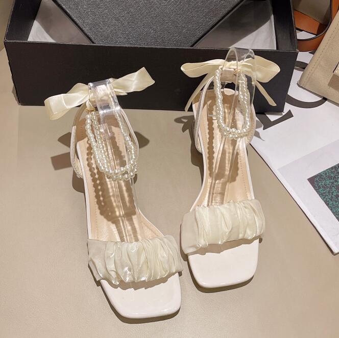 

2024 Нові літні модні мереживні прикраси з перлами Босоніжки Літні елегантні повсякденні товсті каблуки з відкритим носком Жіноче взуття великих розмірів 41 42 42 абрикосовий