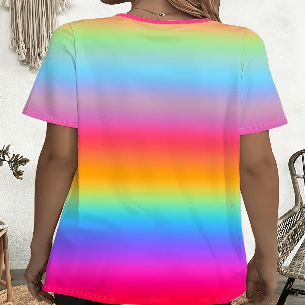 Rainbow Gradient Loose Short-Sleeve T-Shirt, Women's Fashion Casual Top, Multi Color Print Plus Size Trendy Style