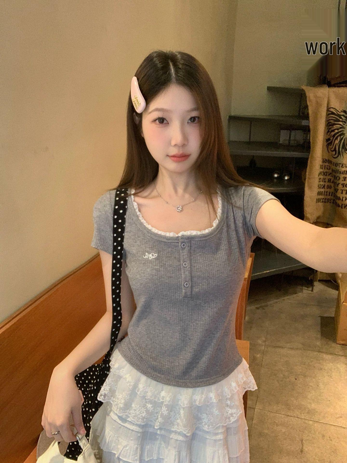 Plus Size Elegant Ballet Style Lace Short Sleeve Top for Spring/Summer 2XL серый