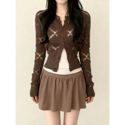 Brown Hollow Knitted Cardigan Women's Autumn and Winter Contrast Color Slim Fit Short Jacket Top