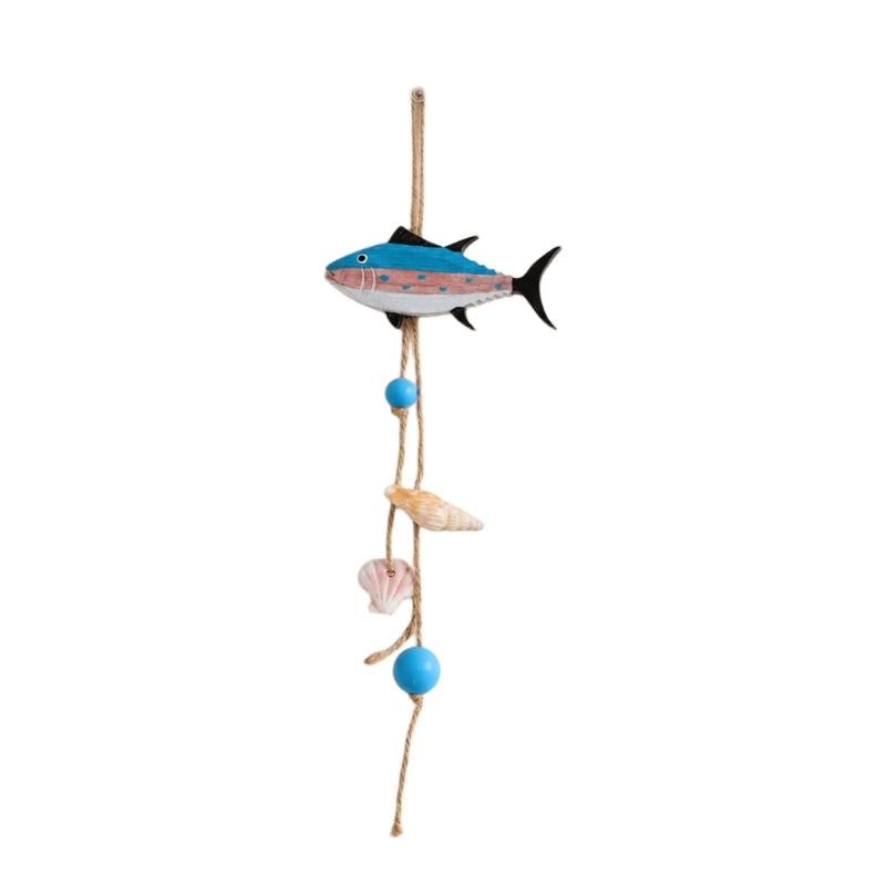 Wood Fish Wall Hanging Decors for Entryway, Bedroom, or Living Room, Ocean Theme Piece with Rope and Color Detail Trim