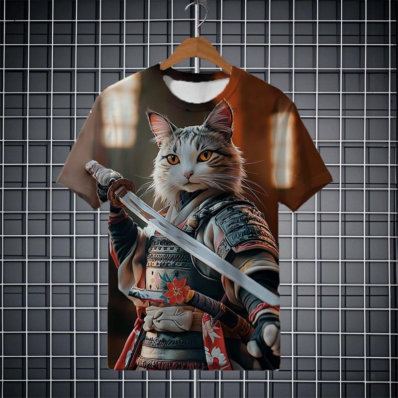 Fashion Japanese Samurai Cat  3D Print Men's short Sleeve T-shirt Fashion festival Crew Neck t shirt Tops polyester Men Clothing